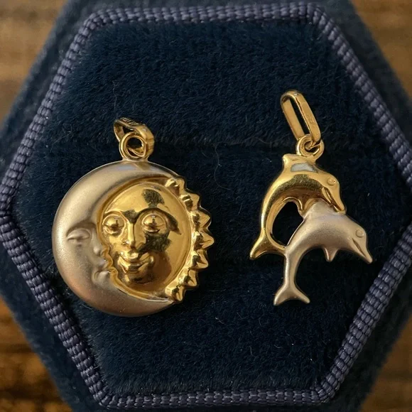 14k solid gold two tone puffy reversible sun moon face celestial pendant 3d - Picture 6 of 14